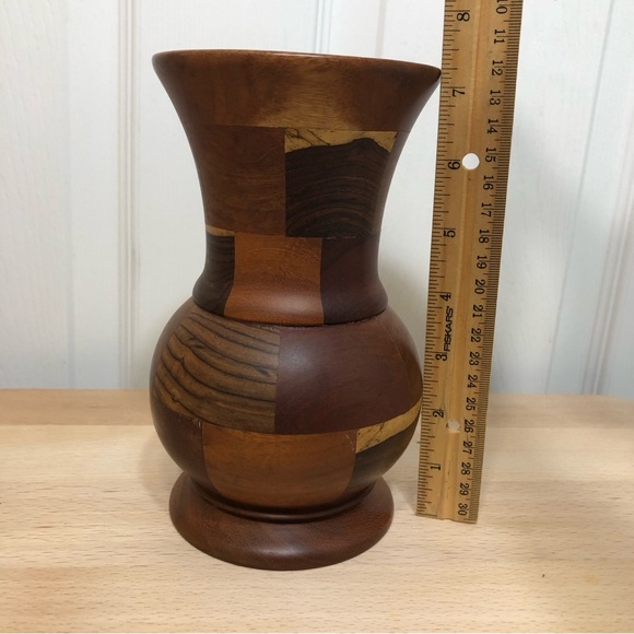 Vintage Handcrafted Inlaid Wood Brown Tan Parquetry Vase - Picture 10 of 10